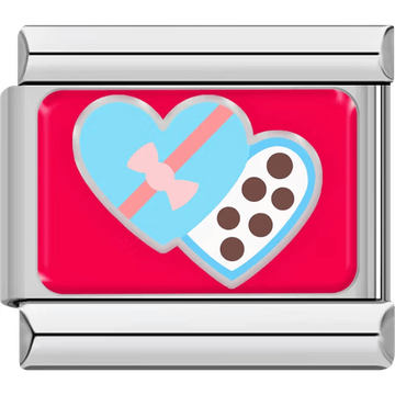 Heart-shaped box of chocolates with a light blue lid and pink bow on a bright red background